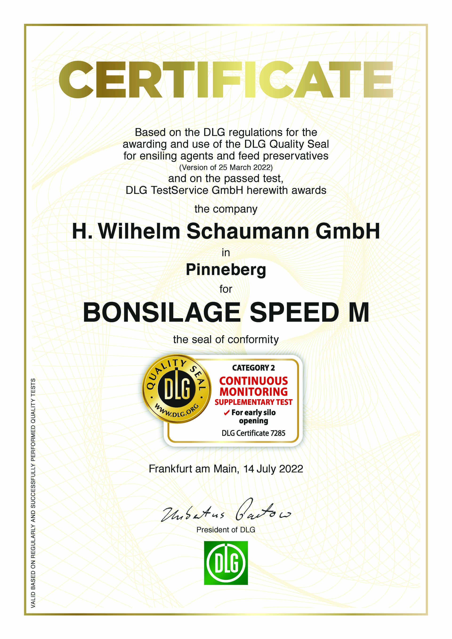 DLG minőségi tanúsítvány Bonsilage Speed M DLG minőségi tanúsítvány Bonsilage Speed M